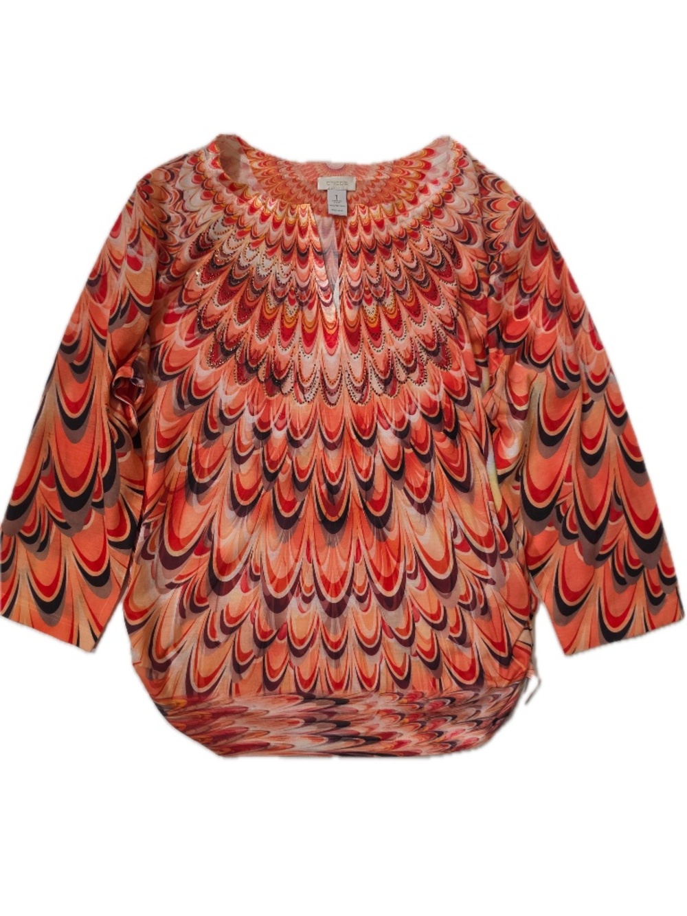 Chico's Blouse Womens 1 Orange Geometric Round Neck 3/4 Sleeve Chiffon